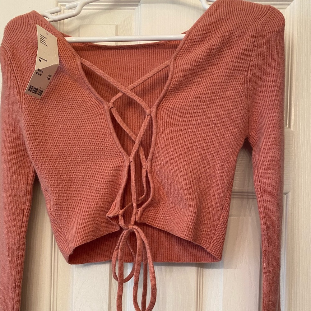 Pink ribbed lace back sweater